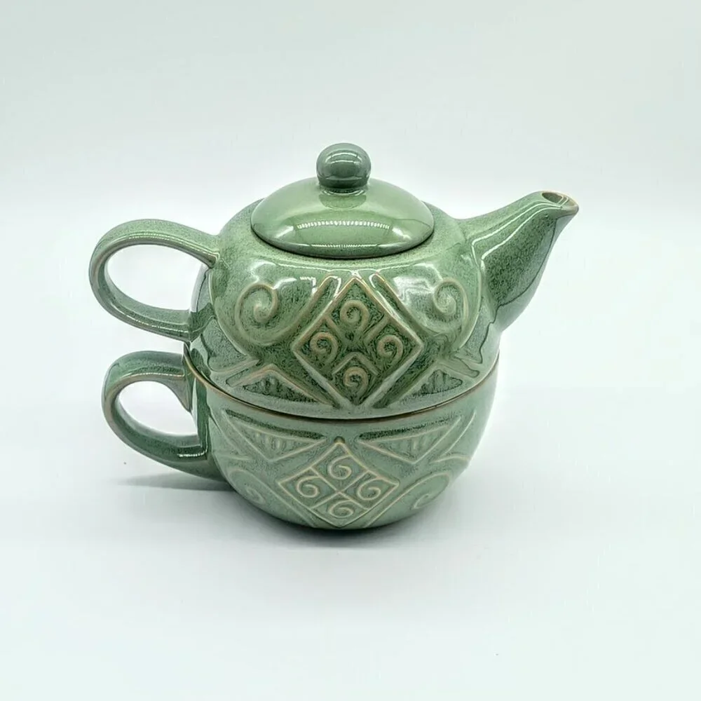 Pier 1 Sage Green Stoneware Stackable Teapot Cup For One NWT